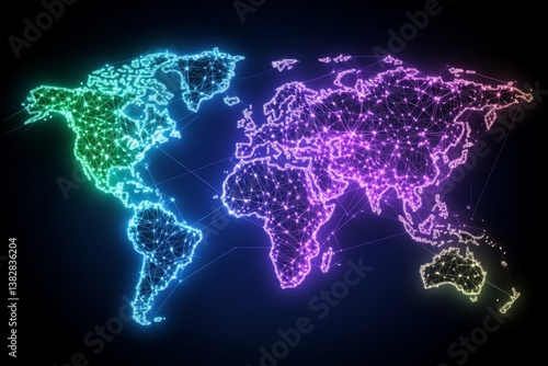 A global supply chain map with different distribution points highlighted in bright colors