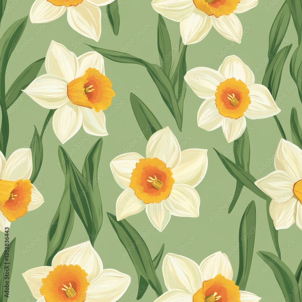 Seamless Floral Pattern Featuring White and Yellow Daffodils on a Soft Green Background Seamless Floral Pattern Featuring White and Yellow Daffodils on a Soft Green Background