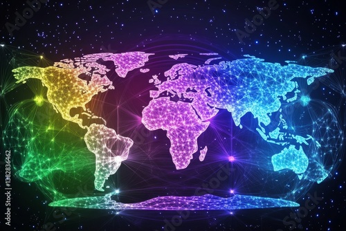 A global supply chain map with different distribution points highlighted in bright colors