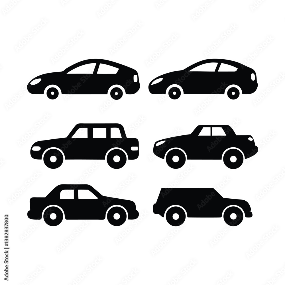 A set of black car icons and silhouettes vector illustration depicts various automobile transportation vehicles like sedan, truck, and van A set of black car icons and silhouettes vector illustration depicts various automobile transportation vehicles like sedan, truck, and van