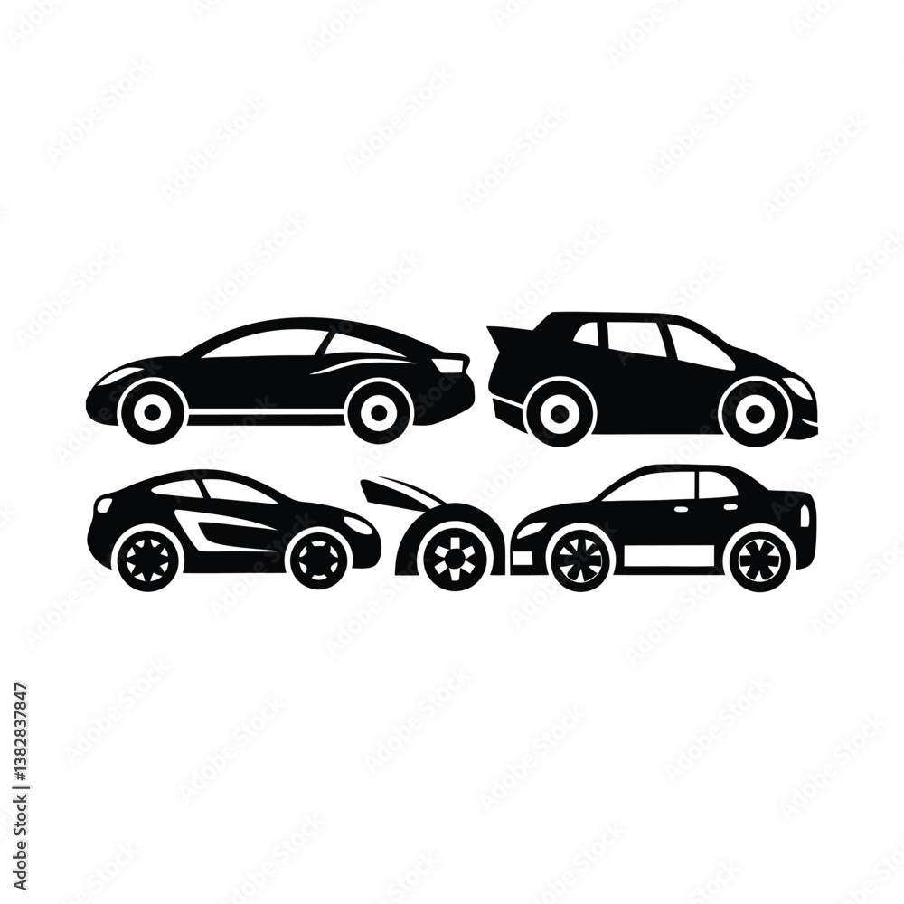 Fototapeta premium A set of black car icons and silhouettes vector illustration depicts various automobile transportation vehicles like sedan, truck, and van