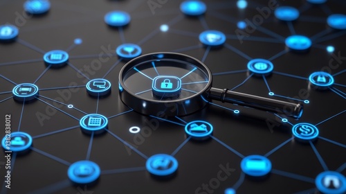 Using a magnifying glass, a blue, shining digital network of icons becomes visible