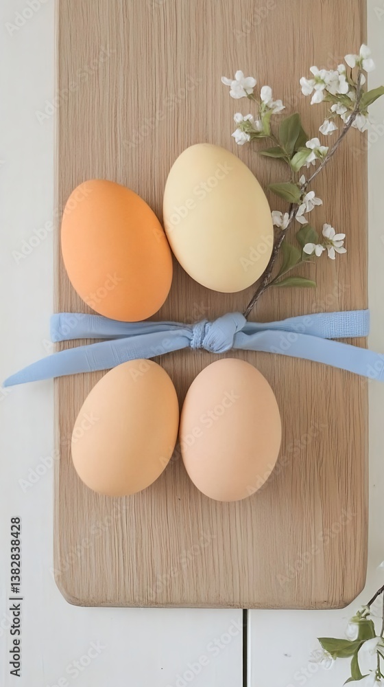 Fototapeta premium Top view of four naturally dyed Easter eggs and blossom twig on wooden board with blue ribbon