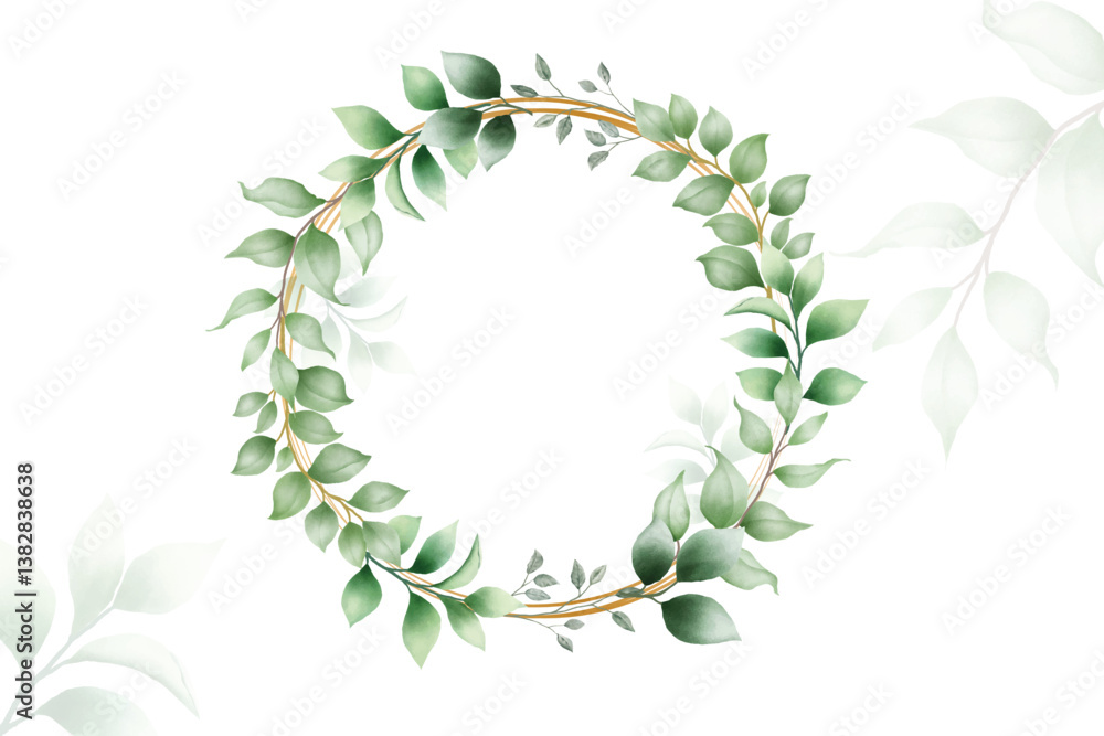 Watercolor green leaves wreath with gold circle Watercolor green leaves wreath with gold circle