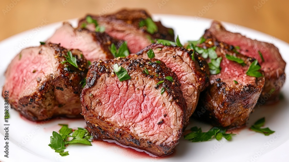 Close-Up of Freshly Cooked Lamb Steak with Perfect Sear Crust and Garnish Close-Up of Freshly Cooked Lamb Steak with Perfect Sear Crust and Garnish