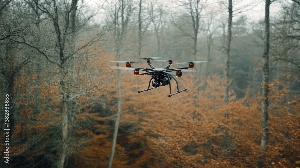 Drone Flying Above Forest in Autumn with Bare Trees