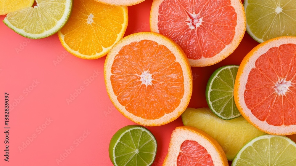 Fototapeta premium Fresh Citrus Fruits on Pink Background for Bright and Zesty Juice Composition