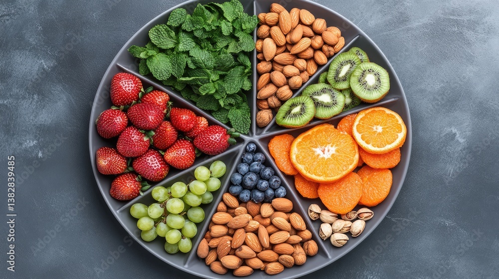 Five-sectioned plate displays a vibrant selection of fruits, vegetables, nuts, and mint, perfect for a nutritious snack. Five-sectioned plate displays a vibrant selection of fruits, vegetables, nuts, and mint, perfect for a nutritious snack.