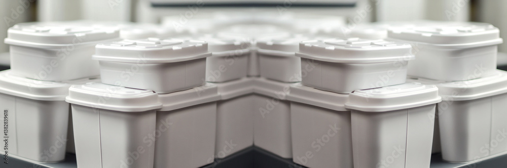 A white plastic food container symbolizing takeout packaging, recycling, and disposable materials. concepts of eco-awareness, food delivery, and modern convenience
