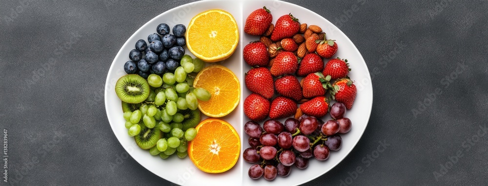 Five-sectioned plate displays a vibrant selection of fruits, vegetables, nuts, and mint, perfect for a nutritious snack. Five-sectioned plate displays a vibrant selection of fruits, vegetables, nuts, and mint, perfect for a nutritious snack.
