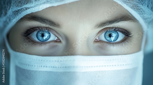 A determined surgeon's piercing blue eyes gaze intensely from beneath a surgical mask, radiating focus and unwavering commitment in a cool, clinical setting.