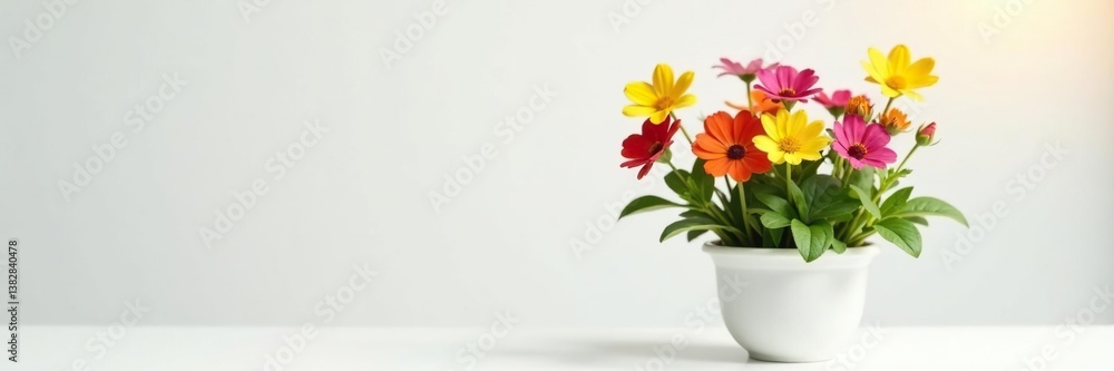 Colorful flowers and leaves in an empty small pot on a minimalist white background with slight warm glow, foliage, delicate Colorful flowers and leaves in an empty small pot on a minimalist white background with slight warm glow, foliage, delicate
