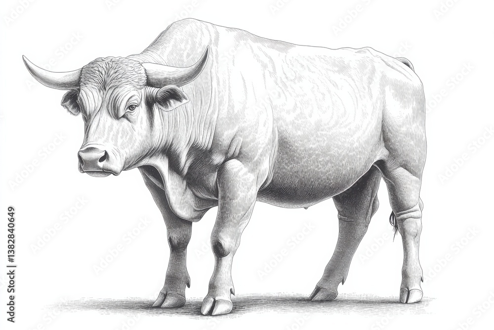 Fototapeta premium Majestic Bull Engraving: Detailed Line Art of a Powerful Bovine Creature in Vintage Style