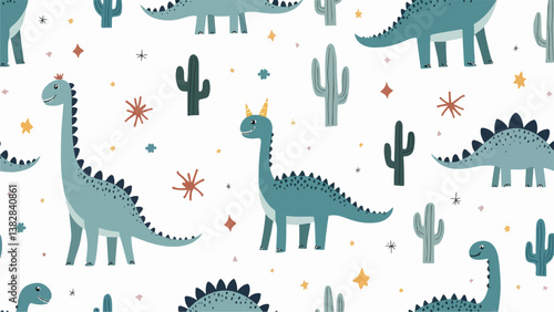 Hand drawn cute dinosaurs seamless pattern. Children's pattern with dinos, cactus, stars, flowers for fashion clothes, shirt, fabric. Scandinavian design. Kids blue dino pattern