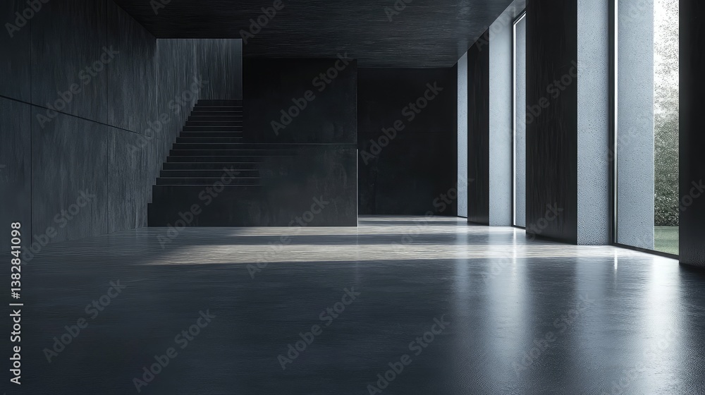 Obraz premium A deep, moody interior with dark gray walls and a minimalist concrete floor, perfect for creative use.