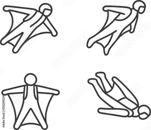Vector illustration of line icons depicting a person wearing a cape in dynamic flying positions illustrating superhero concepts