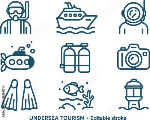 Explore adventures in undersea tourism with icons showcasing snorkeling, submarines, and marine life experiences