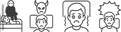 Vector illustration of line icons depicting various emotions including fear, anxiety, and distress in a dream context