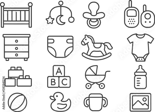 Baby care essentials illustrated in vector line icons for nursery and infant activities