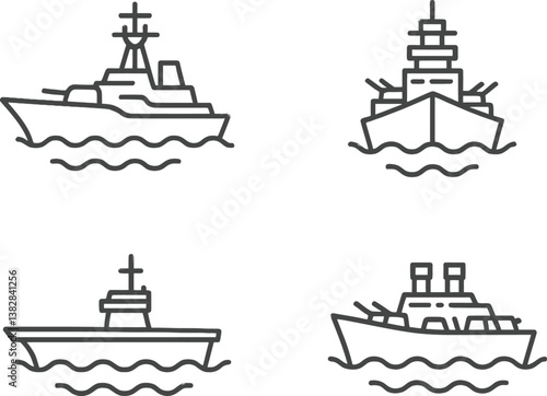 Line icons of various types of ships sailing on water, showcasing naval and commercial vessels in a minimalist design
