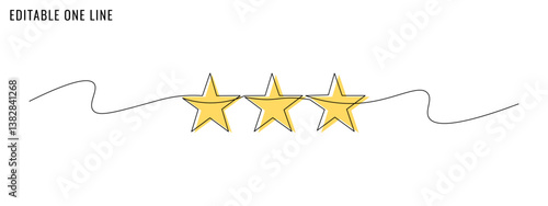One continuous line drawing of three stars. A rating, quality and customer review concept. Editable stroke, simple doodle design, vector illustration