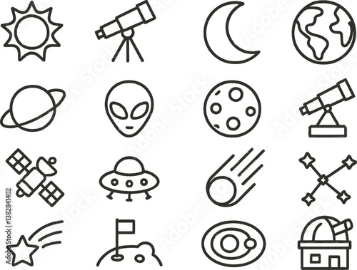 Vector illustration of space-themed line icons featuring celestial bodies, telescopes, and alien elements for educational purposes