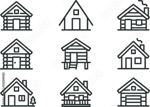 Various vector illustrations of cabin and house designs in minimalistic line art style suitable for diverse applications