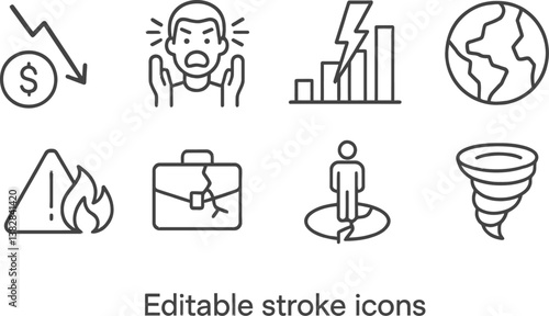 Vector illustration line icons showcasing various themes including finance, disaster, and environmental issues