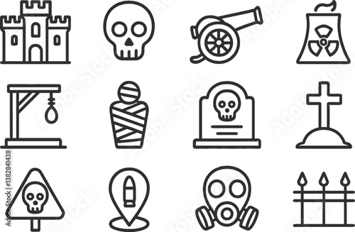 Vector illustration of line icons depicting themes of horror, danger, and history with skulls, cannons, and warnings