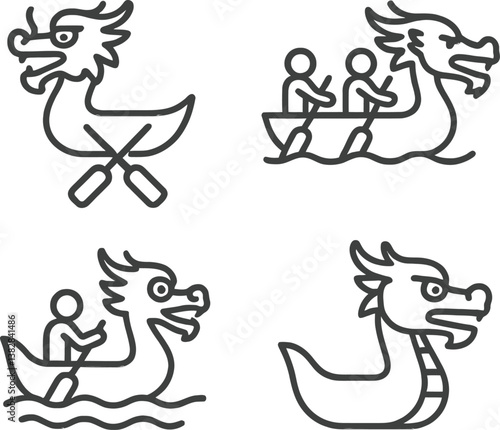 Vector illustration of dragon boat racing icons featuring teams, paddles, and dragon designs in a minimalistic line art style