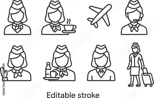 Vector illustration of airline staff icons representing various activities and roles in the aviation industry