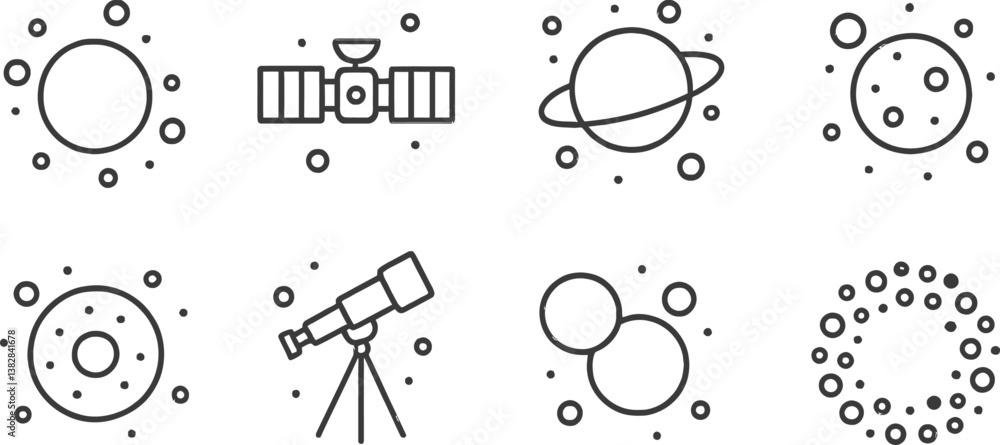 Vector illustration of line icons depicting various celestial objects, space exploration tools, and astronomical phenomena Vector illustration of line icons depicting various celestial objects, space exploration tools, and astronomical phenomena
