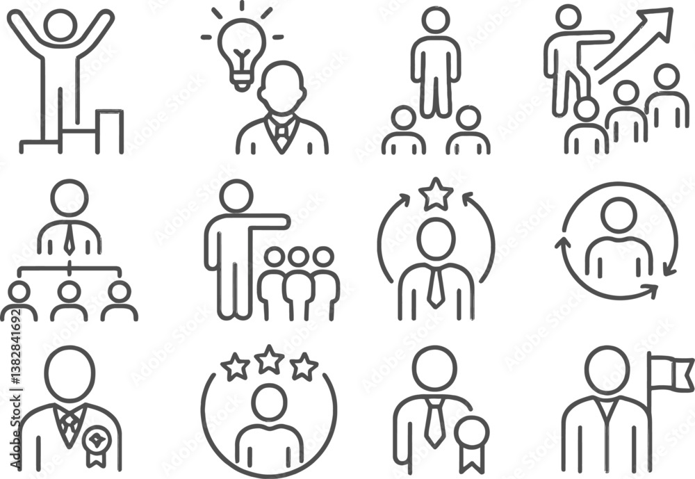 Vector illustration of line icons representing leadership, teamwork, and achievement concepts in a minimalist style Vector illustration of line icons representing leadership, teamwork, and achievement concepts in a minimalist style