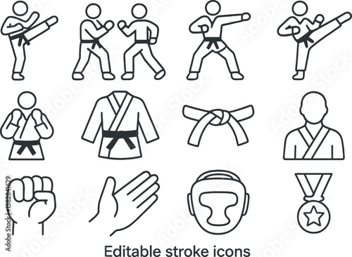 Martial arts vector illustration icons depicting various activities, gear, and poses by practitioners engaged in training and competition