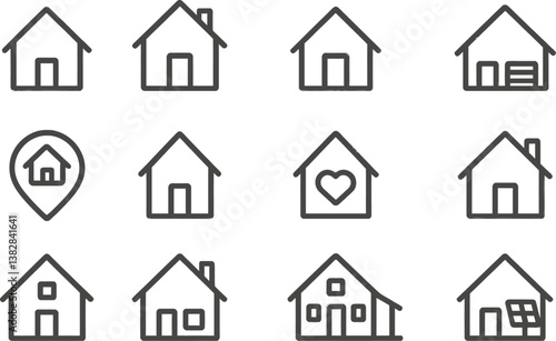 Vector illustration featuring line icons of various house designs, highlighting distinct styles and layouts for architectural inspiration