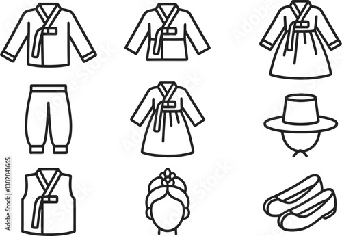 Explore traditional attire elements through vector line icons featuring clothing, accessories, and footwear from a cultural heritage