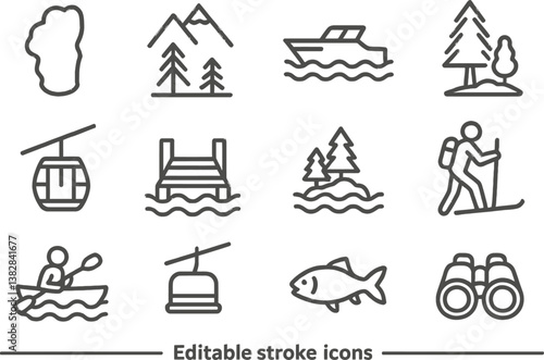 Vector illustration of outdoor activities with line icons depicting nature, water sports, and hiking adventures