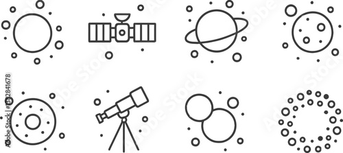 Vector illustration of line icons depicting various celestial objects, space exploration tools, and astronomical phenomena