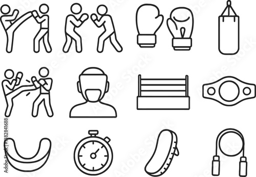 Vector illustration showcasing line icons of boxing and martial arts elements in a fitness and training setting