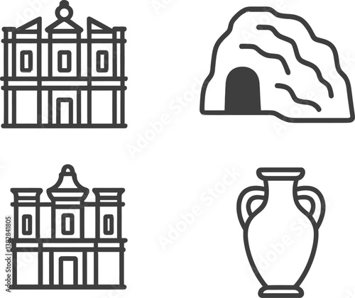 Explore historical landmarks and artifacts through vector illustration line icons showcasing architecture and ancient structures