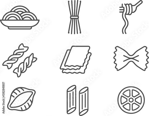 Various line icons showcasing different types of pasta and related culinary elements in a minimalistic design style