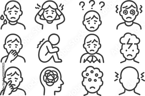 Emotional line icons depicting various mental health states and feelings related to stress and anxiety management