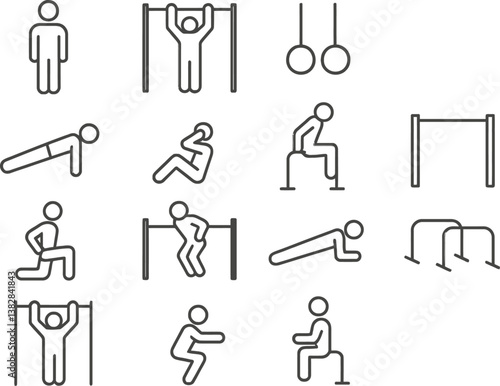 Fitness line icons representing various workout activities for strength training in a minimalist style