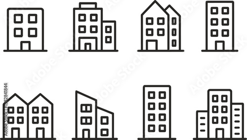 Vector illustration of diverse city buildings displayed in a modern line icon style suitable for urban design projects and presentations