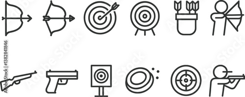 Vector illustration of various archery and shooting activity icons including bows, arrows, targets, and guns