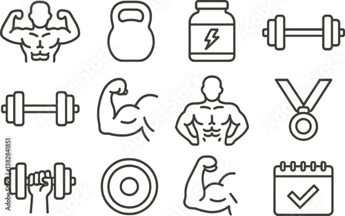Fitness vector illustration line icons representing gym activities, weightlifting, and healthy lifestyle choices for fitness enthusiasts
