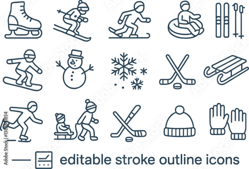 Vector illustration of winter sports icons featuring skiing, snowboarding, ice skating, and festive activities in a playful design