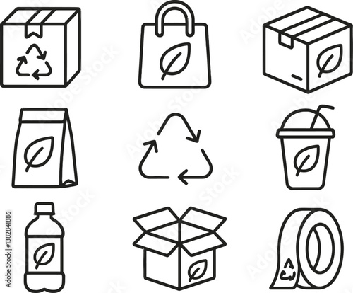 Vector illustration of recycling and eco-friendlyline icons representing sustainable packaging and waste management concepts