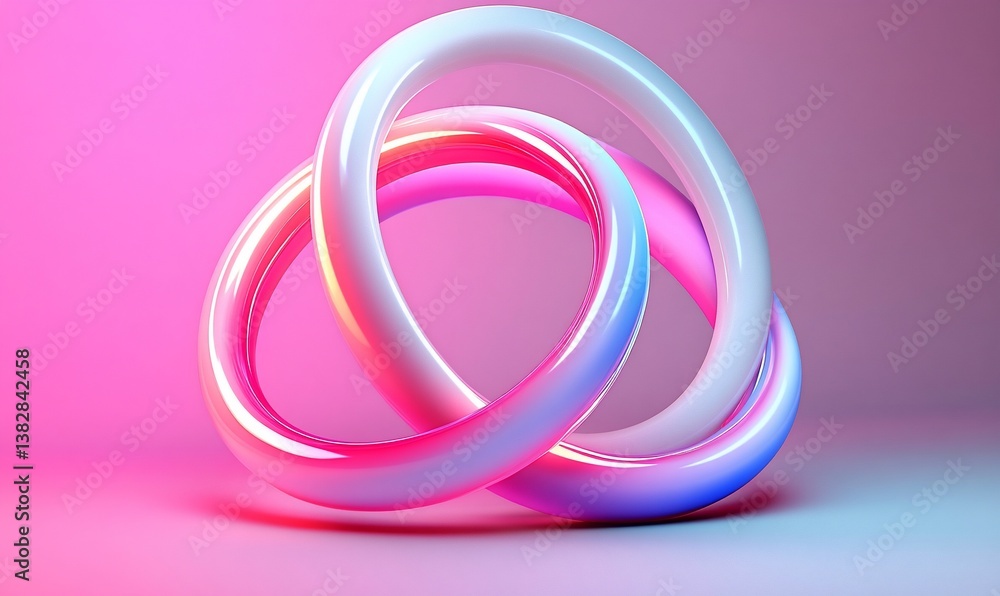Intertwined iridescent rings on pink backdrop Intertwined iridescent rings on pink backdrop