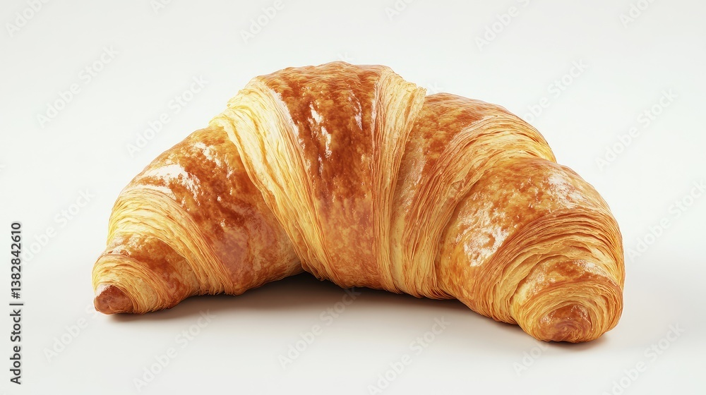 A detailed 3D close-up of a golden croissant with crispy layers, isolated on a white background with room for branding A detailed 3D close-up of a golden croissant with crispy layers, isolated on a white background with room for branding